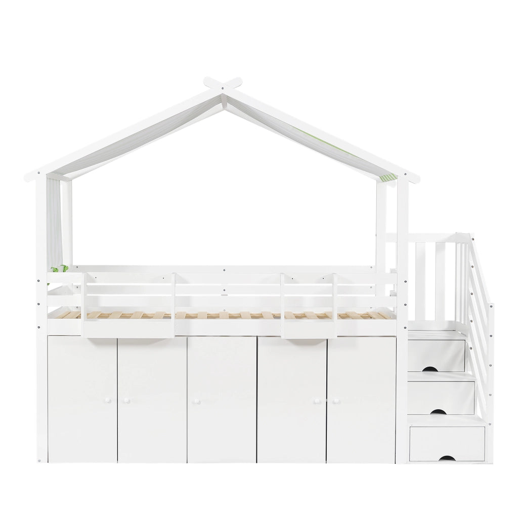 Letto a castello per bambini - Zephmum - Con protezioni, armadio, cassetti, tessuto a righe, bianco+verde, 90x200cm
