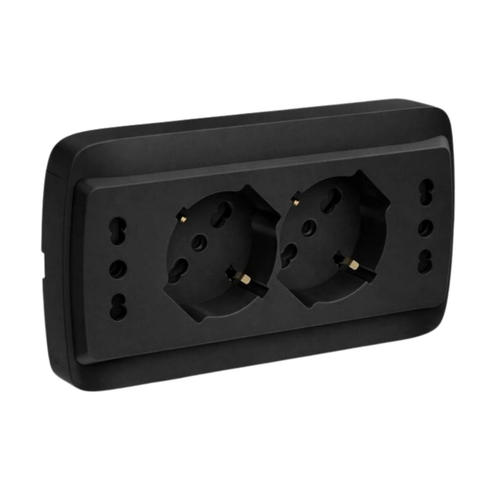Multipresa Da Incasso Scatola 503 Nero Opaco, 2 Prese Schuko Universale P40 + 2 Prese Bipasso Italiano 10/16A, 140X80X23mm