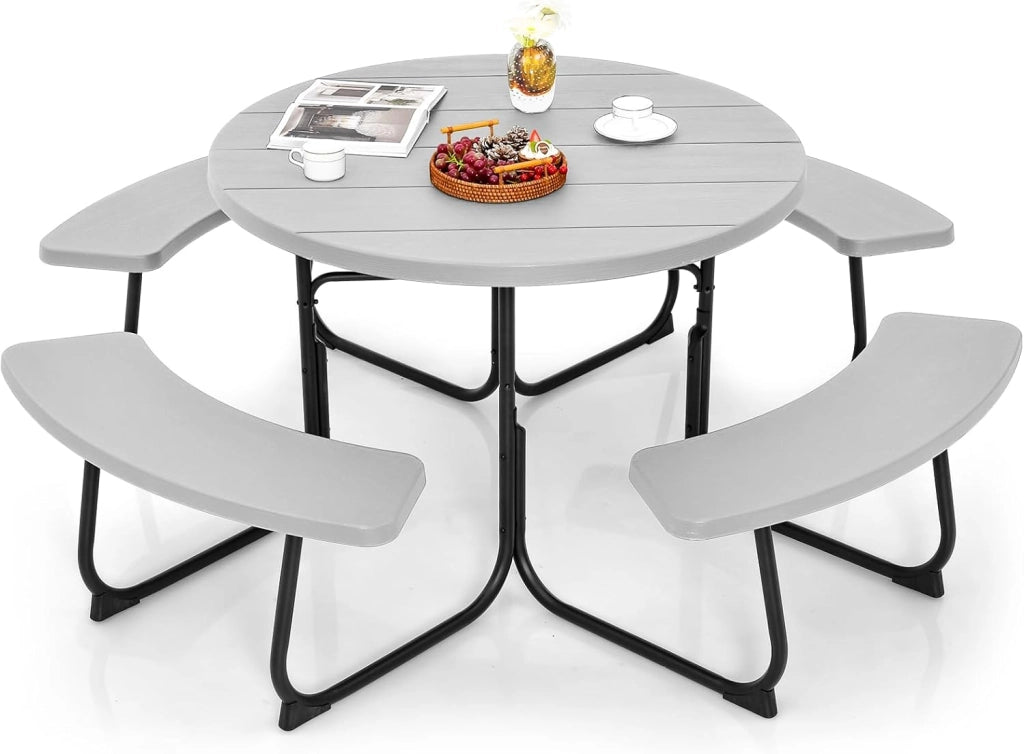 Set da Giardino per 8 Persone, Tavolo Rotondo da Picnic con 4 Panche, Tavolo da Birra in HDPE con Foro per Ombrellone, Set da Esterno Resistente
