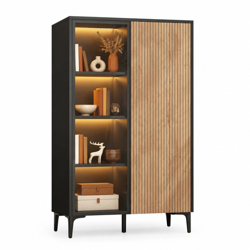 Vetrina 90x40x135 cm in MDF nera e legno con LED e 8 vani –