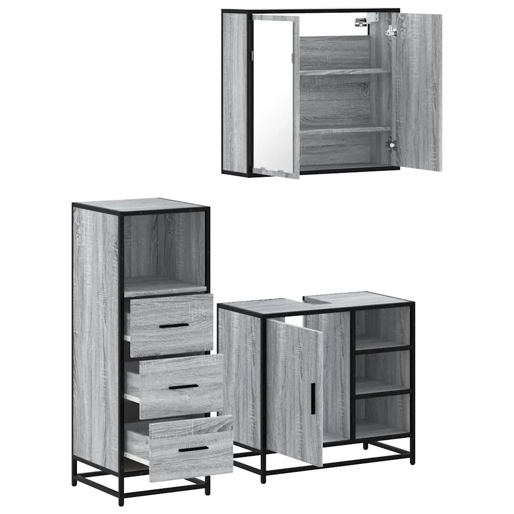 Set Mobili da Bagno 3 pz Grigio Sonoma in Legno Multistrato 3301028