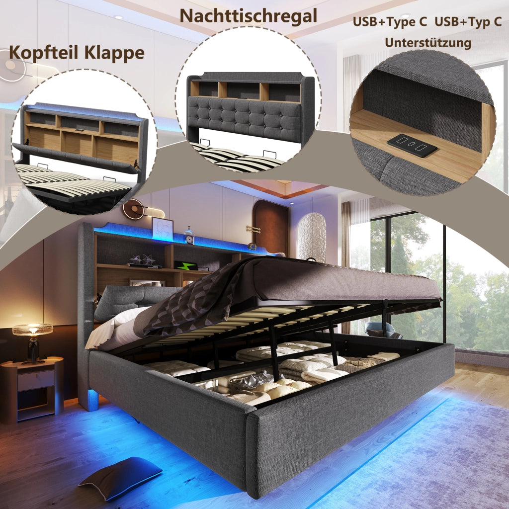 DESMIU Letto contenitore 180 × 200 cm 2 posti con LED, USB e Type-C, senza materasso, grigio