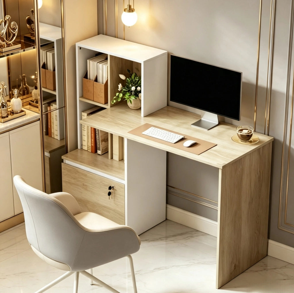 Scrivania per computer con libreria 4 vani e cassetto con serratura, bianco e rovere chiaro