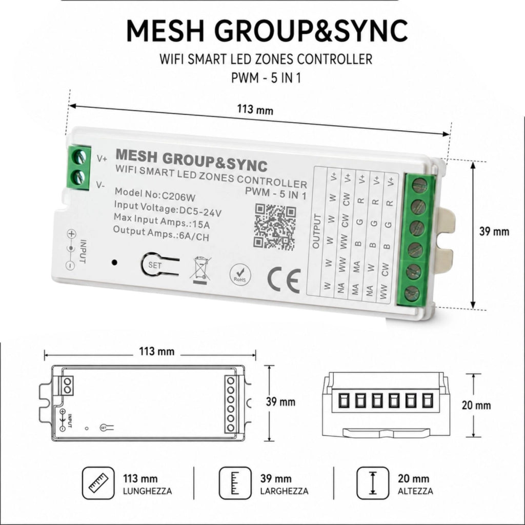 Centralina Controller 5 In 1 WIFI, RF 2.4G TUYA, Smart Life, Max 15A Tot. (6A/CH) DC5-24V 360W, Per Striscia Led Mono Colore, CCT, RGB, RGBW, RGBCCT