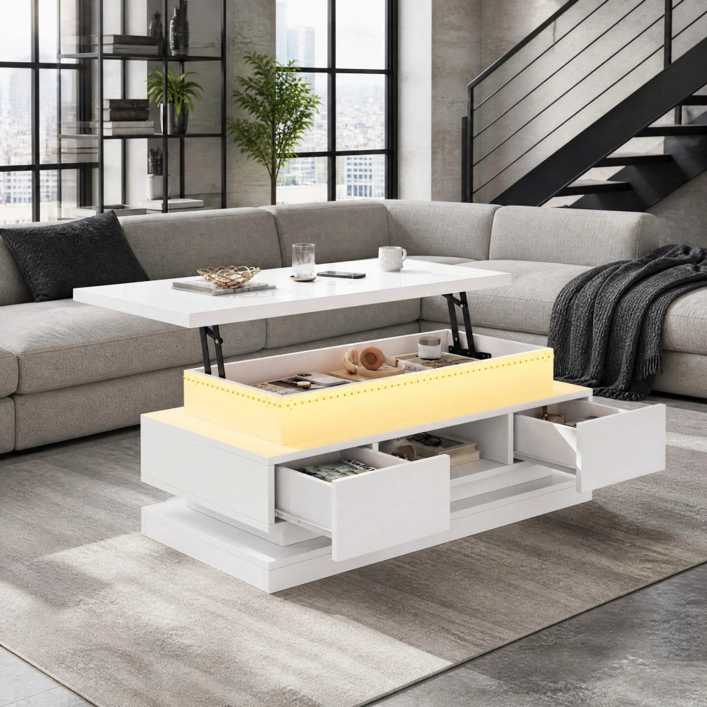 TAVOLINO DA SALOTTO ALZABILE 100 x 50 x 40 cm Bianco Lucido con LED e 2 Cassetti