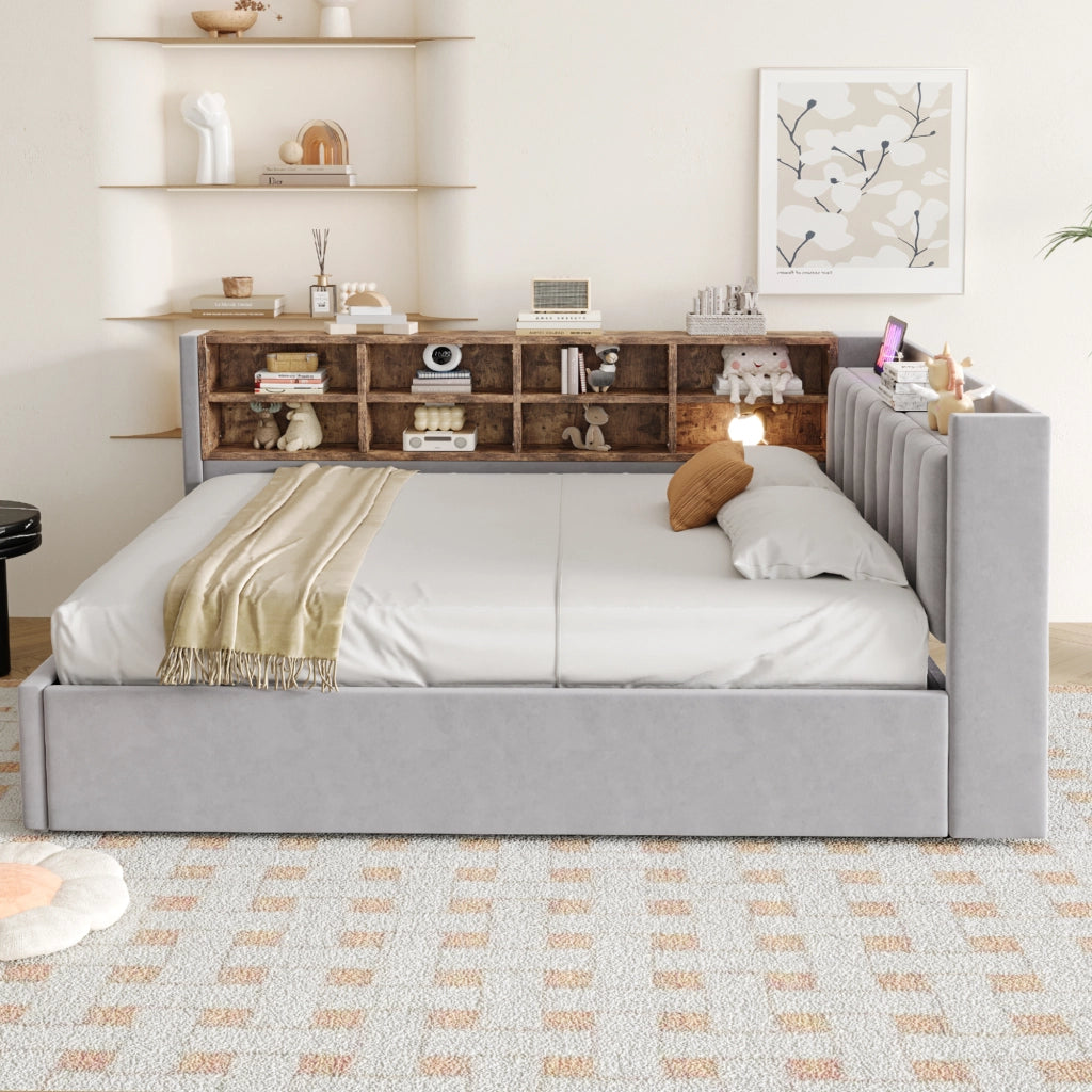 Letto Contenitore 140x200 cm; con USB; Type-C e mensole; in Velluto; Grigio Chiaro