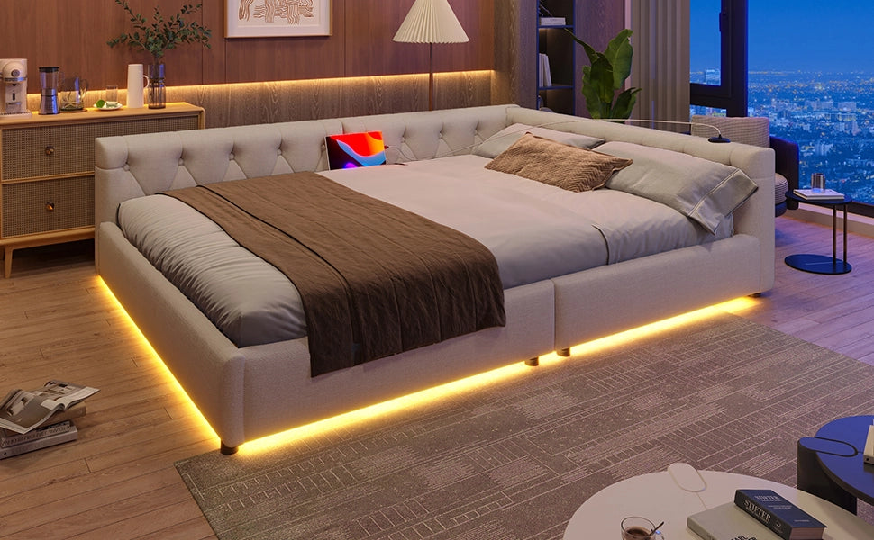 DESMIU Divano letto 140 × 200 cm 1 piazza con USB, Type-C, LED regolabile e senza materasso, in lino beige