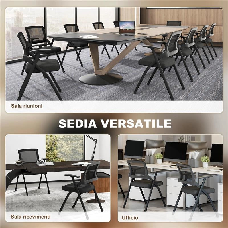 SET 2 SEDIE PIEGHEVOLI CON SCHIENALE CURVO E BRACCIOLI, IN TESSUTO EFFETTO LINO E ACCIAIO, 61X56X84 CM, NERO
