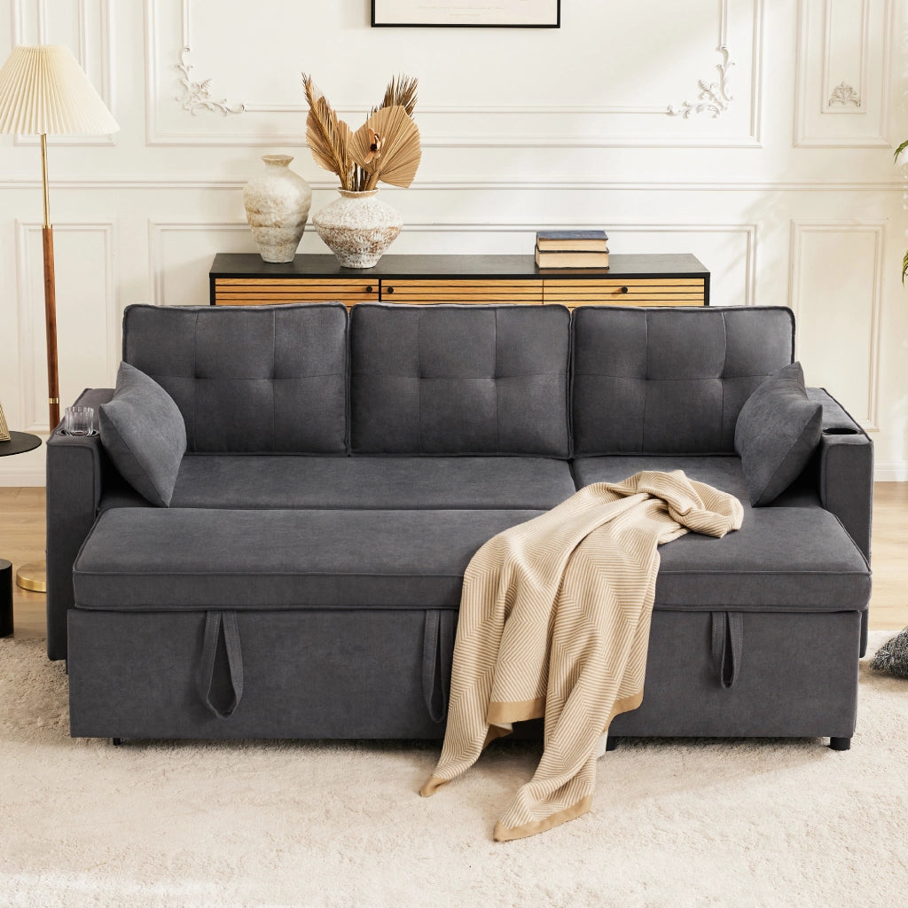 OKWISH Divano Letto con Penisola Reversibile 3 Posti, con Contenitore, Portabicchieri e Tasche Laterali, Cotone Lino Grigio