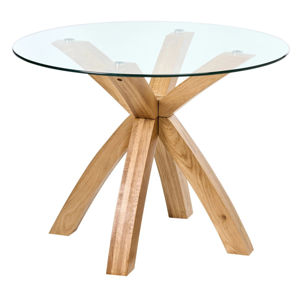 Tavolo da pranzo rotondo per sala da pranzo Cucina 100 x 100 cm Piano in vetro Gambe in legno Marrone chiaro