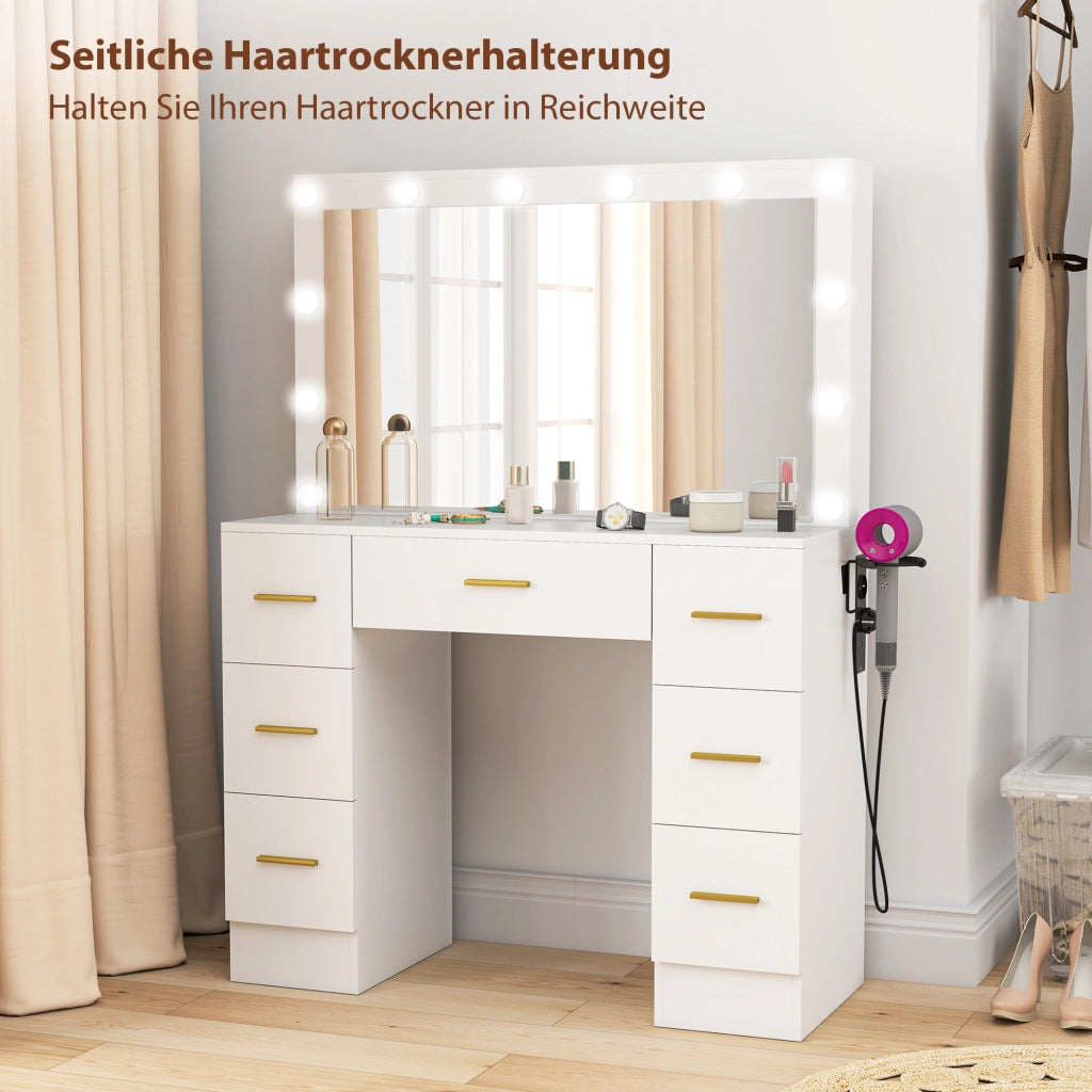 Tavolo da trucco con specchio e 12 luci LED, cassettiera con 7 cassetti e 6 scomparti nascosti ¨C zephmum ¨C Bianco