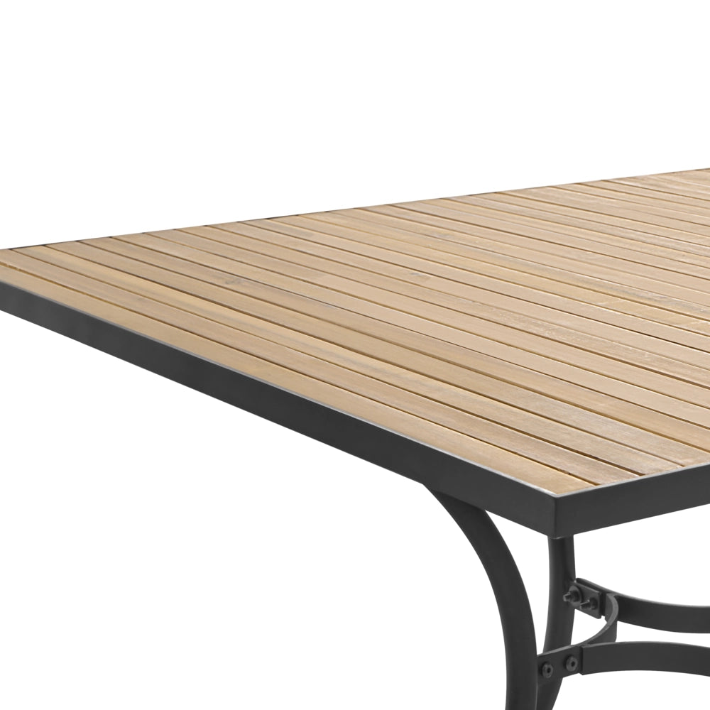 Tavolo da pranzo da giardino con struttura in acciaio e piano in legno di acacia marrone chiaro, rotondo, per patio e terrazzo