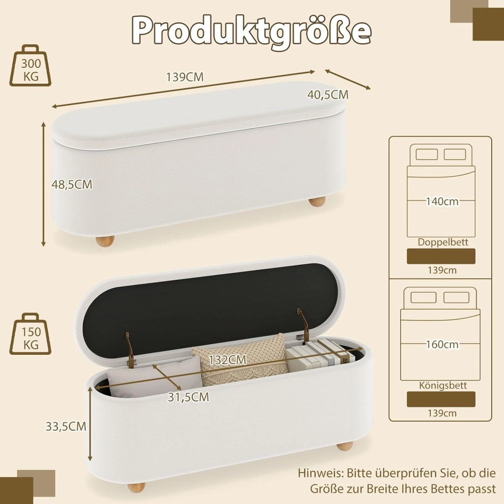 Puff Almacenaje Ovalado, Baúl de 150 L con Tapa, Asiento Tapizado, Patas de Madera de Caucho, Banco de Pie de Cama para Dormitorio, Entrada, Carga de 300 kg, 139 x 40,5 x 48,5 cm