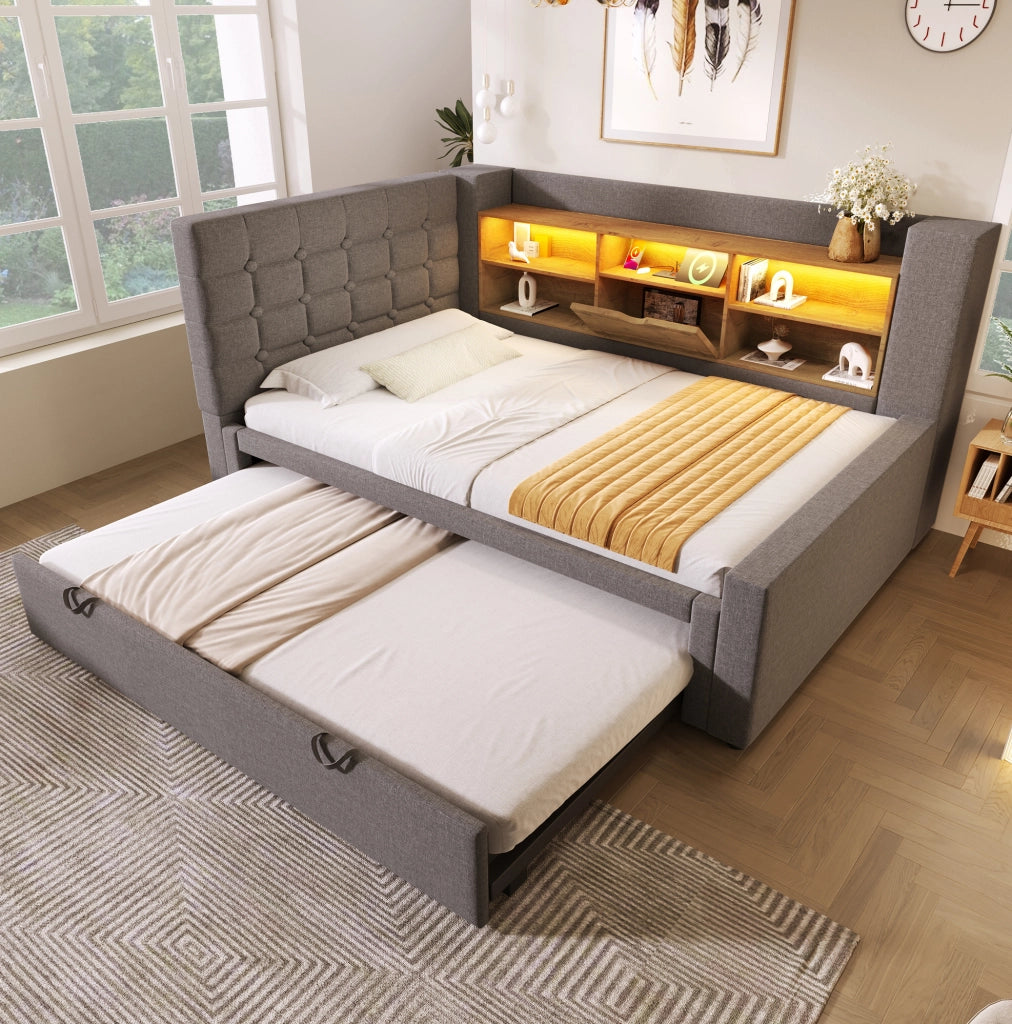 Letto imbottito estraibile 90x200 cm con LED; USB-A e USB-C; grigio