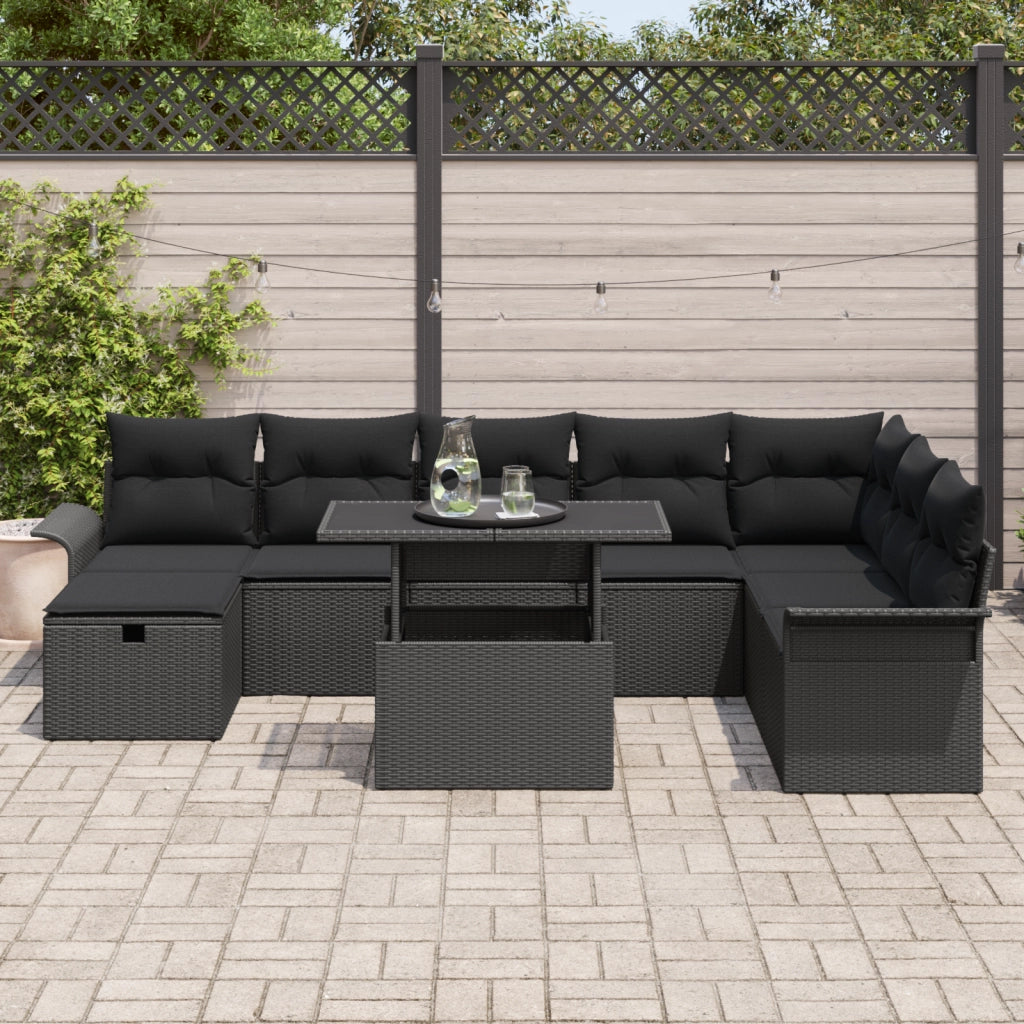 Set Divano da Giardino  9 Pezzi con Cuscini Nero in Rattan Polietileno