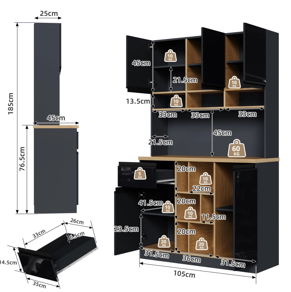 Credenza alta da cucina 105x45x185 cm in MDF antracite e nero lucido con ante e cassetto