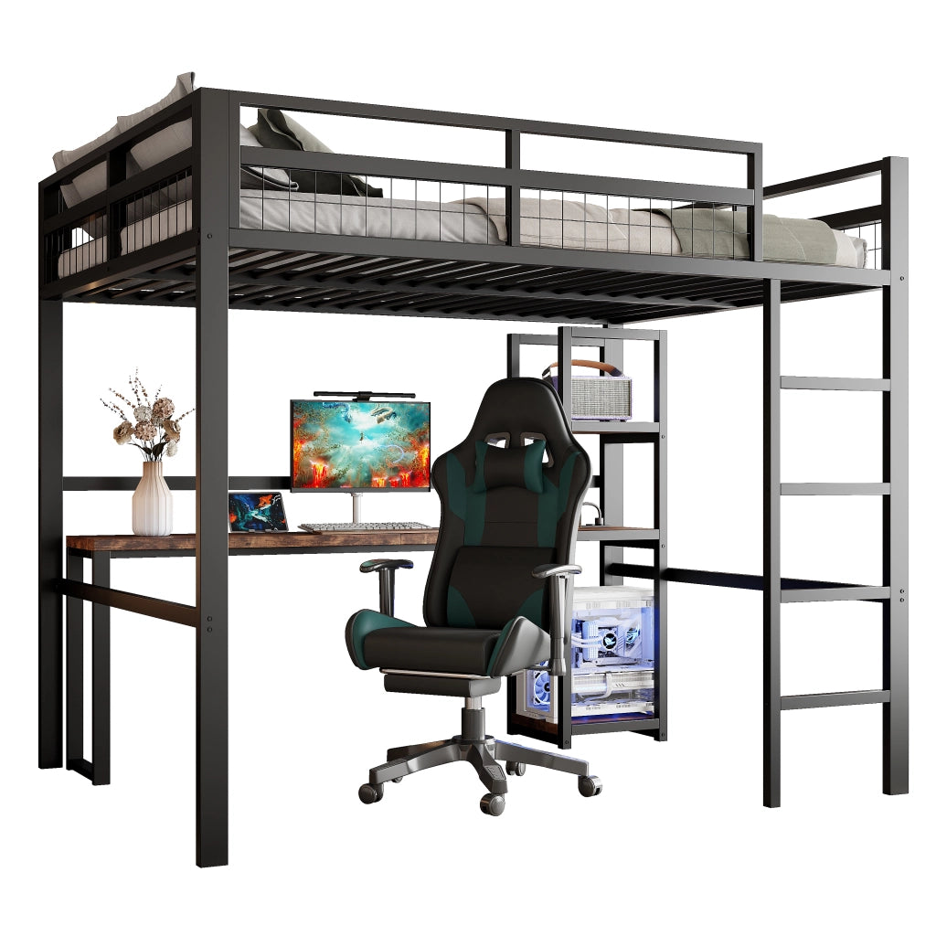 LETTO A CASTELLO 140 x 200 cm in metallo nero con scrivania e ripiani