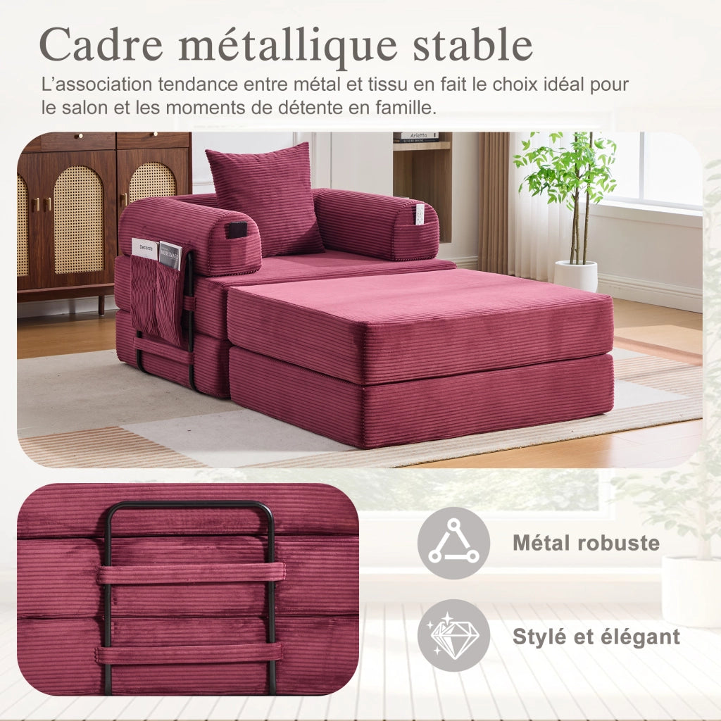 Divano modulare in velluto a coste con cuscino e tasca laterale ergonomico, rosso vino 112 × 190 × 67 cm