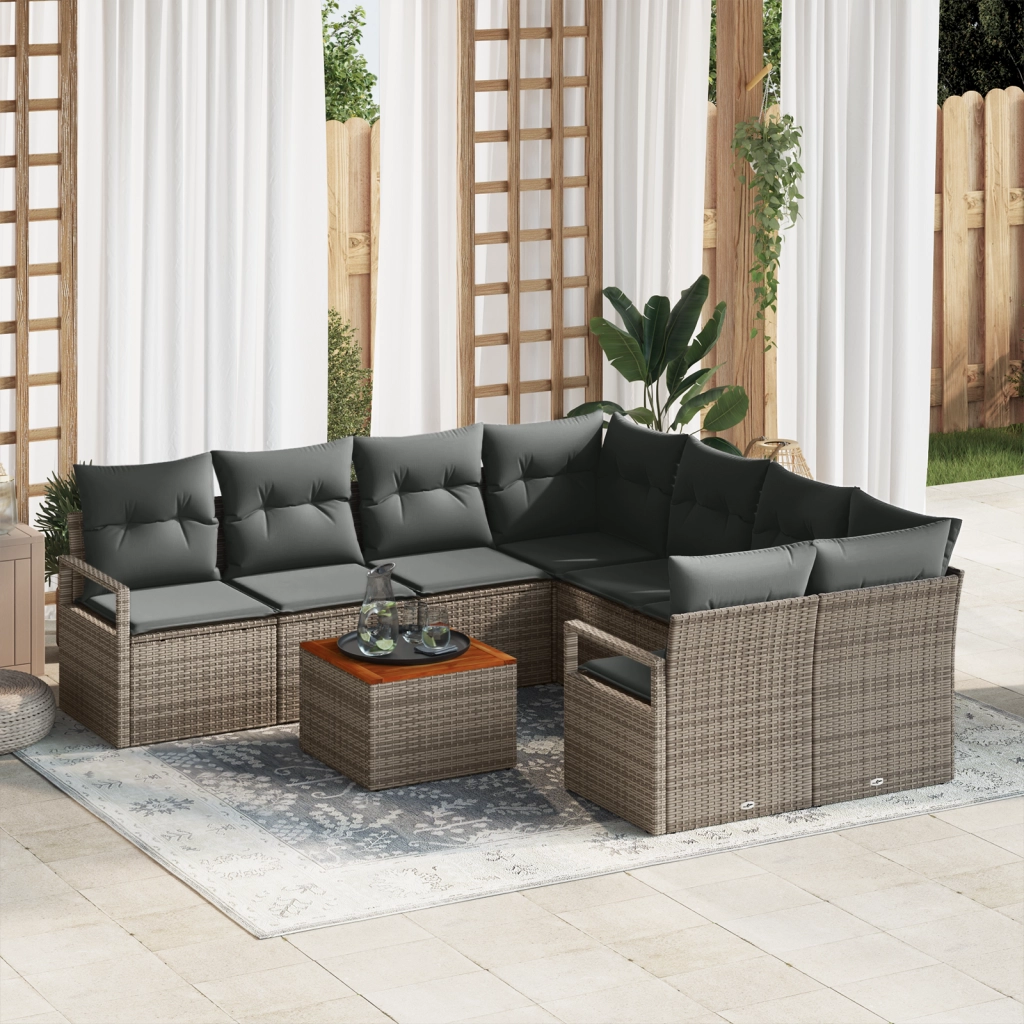 Set di divani da giardino 9 pezzi con cuscini grigio polirattan acacia