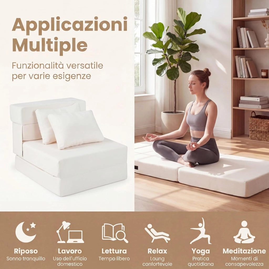 Divano Letto 2 Posti Pieghevole, 3 in 1 Divanetto Trasformabile con 2 Cuscini, Schiuma ad Alta Densità e Rivestimento in Tessuto Chenille, Poltrona Letto per Soggiorno (Beige,72 x 76 x 58 cm)
