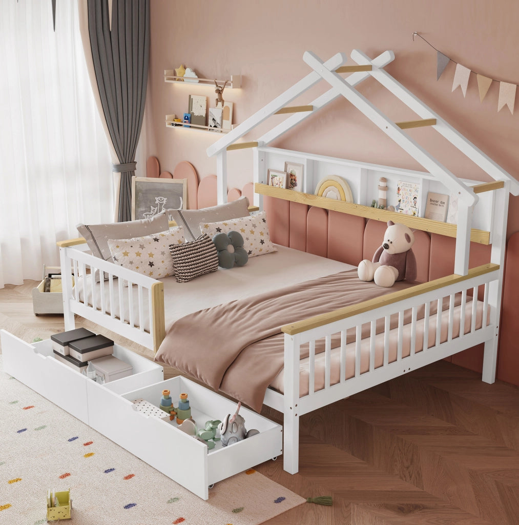 Letto per bambini 140x200 cm con tetto e 2 cassetti