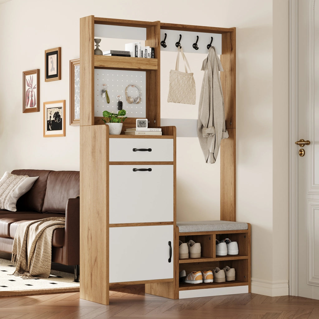 Mobile da ingresso con scarpiera, panca e vani aperti, 1 cassetto, in truciolato bianco e rovere 108.5 × 35 × 180 cm