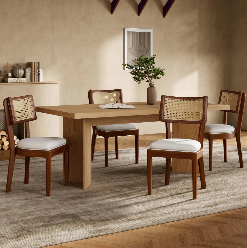 Set di 4 sedie da pranzo con schienale in rattan; cuscino in lino; legno; noce