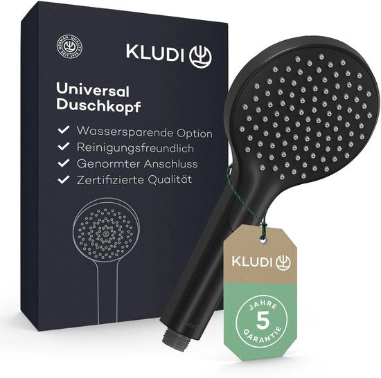 Douchekop universale KLUDI X3, opzionale economia d'acqua, douchekop con 1 tipo di getto, facile da pulire, diametro 11,7 cm, douchekop (modalità standard 15 l/min, opzionale 9 l/min), nero matte