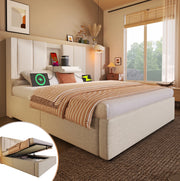 Letto imbottito 90x200 cm beige con vano contenitore e ricarica USB