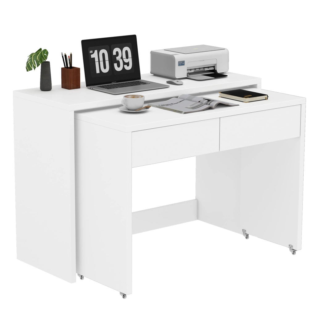 Scrivania pieghevole multifunzionale 2 in 1 con 2 cassetti e ruote, bianco, per studio e camera 110 × 40 × 78 cm