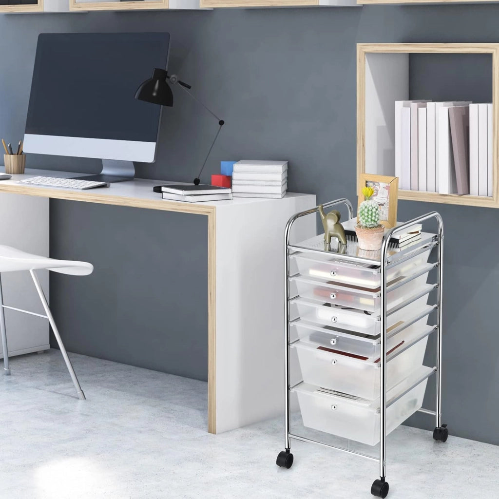 Carrello con 6 Cassetti e Ruote, Cassettiera in Plastica, con Due Dimensioni di Cassetti, Contenitore Multiuso per Casa Bagno e Ufficio, 37 x 74 x 32cm (Trasparente)