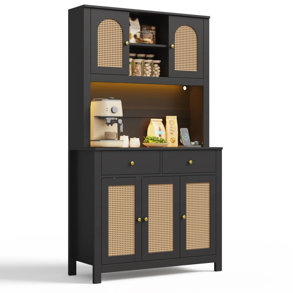 Credenza cucina alta 100x40x180 cm in MDF nero con ante in rattan; LED RGB e prese integrate