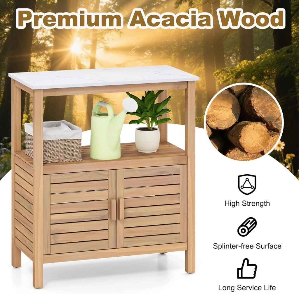 Armadietto da giardino in legno di acacia, con 2 ripiani, per balcone, terrazza, cortile, 80 x 40 x 90,5 cm