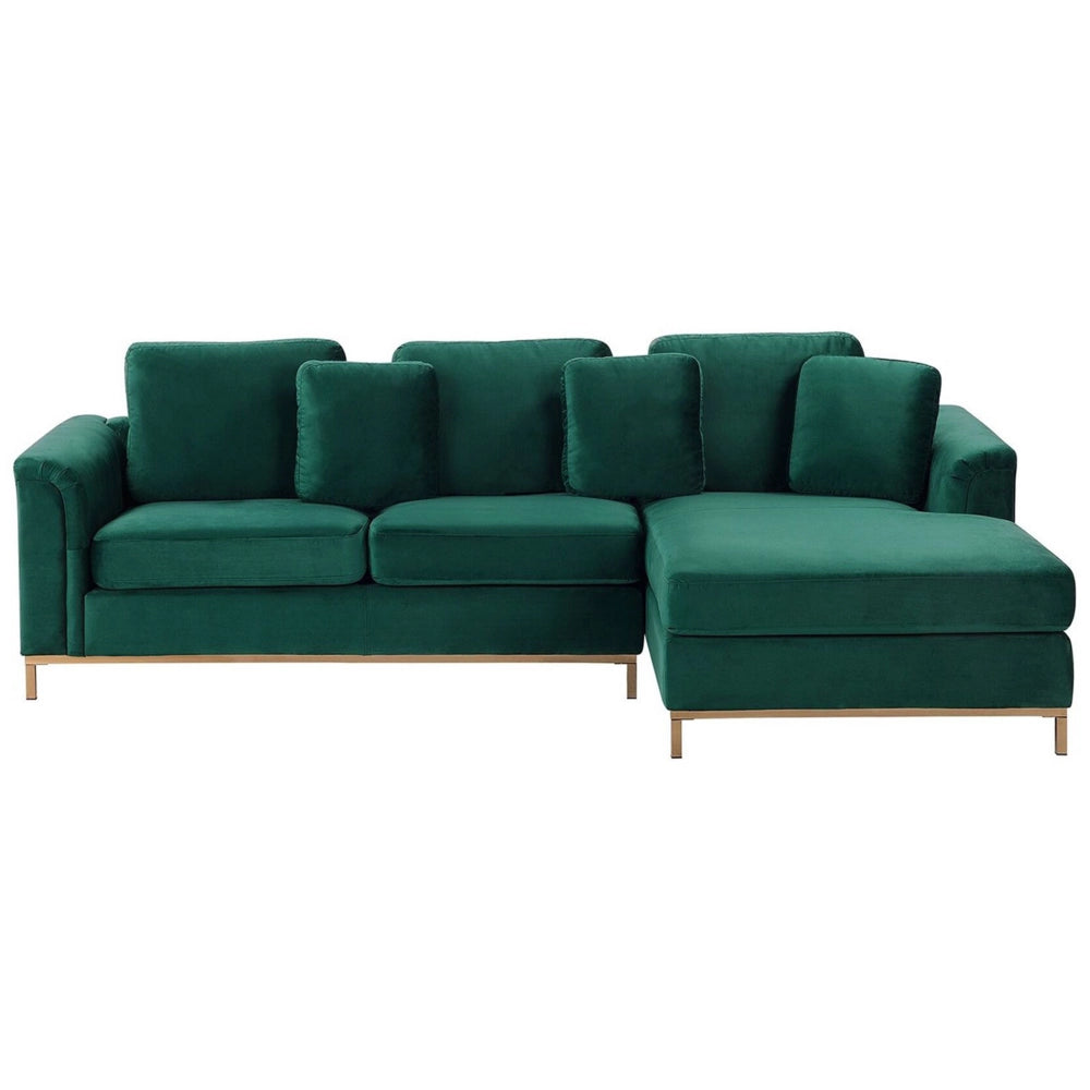Divano ad angolo rivestito in velluto verde a forma di L con orientamento a versione sinistra