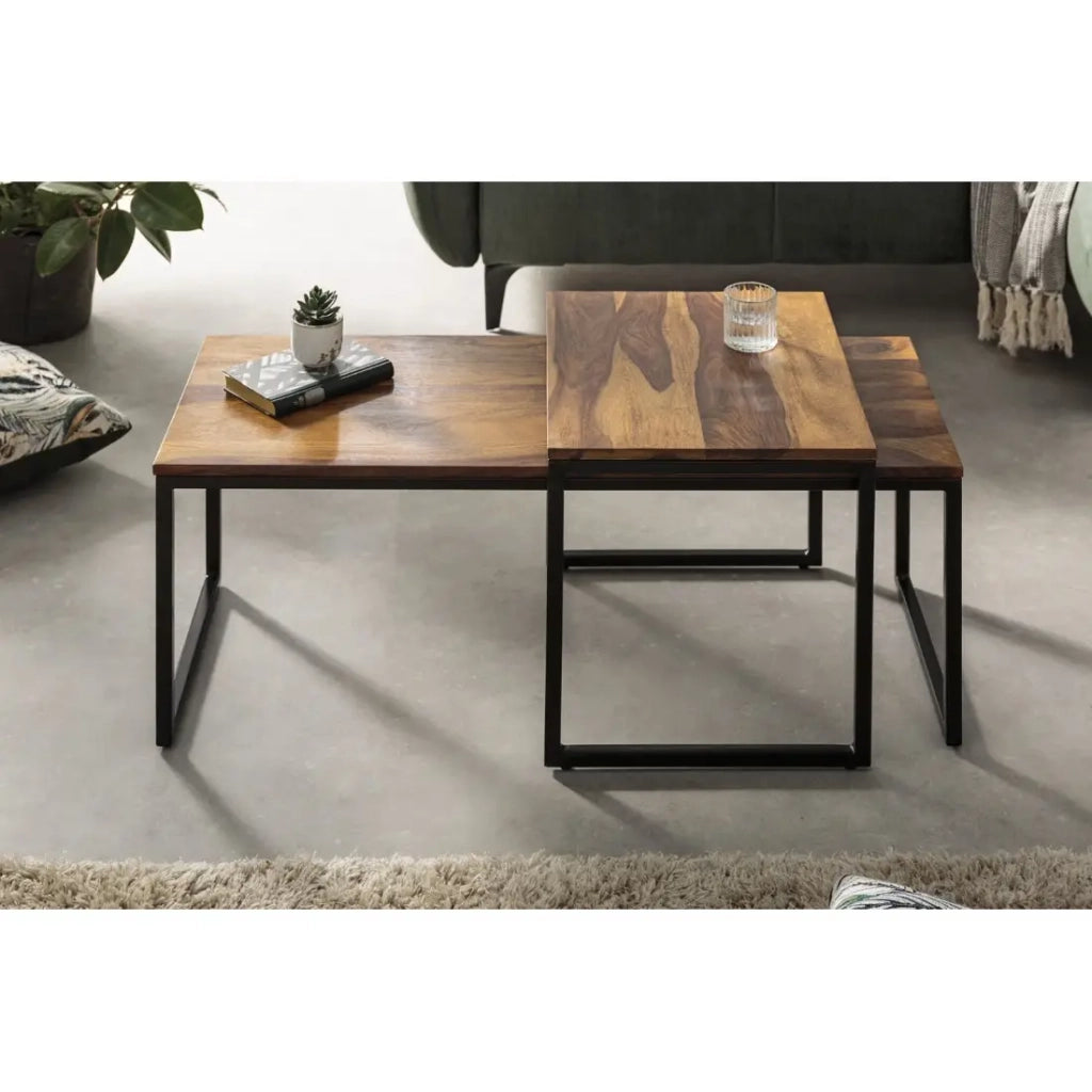 Tavolini impilabili VORTEX in legno massiccio Sheesham e metallo nero – set di 2 tavolini design industriale