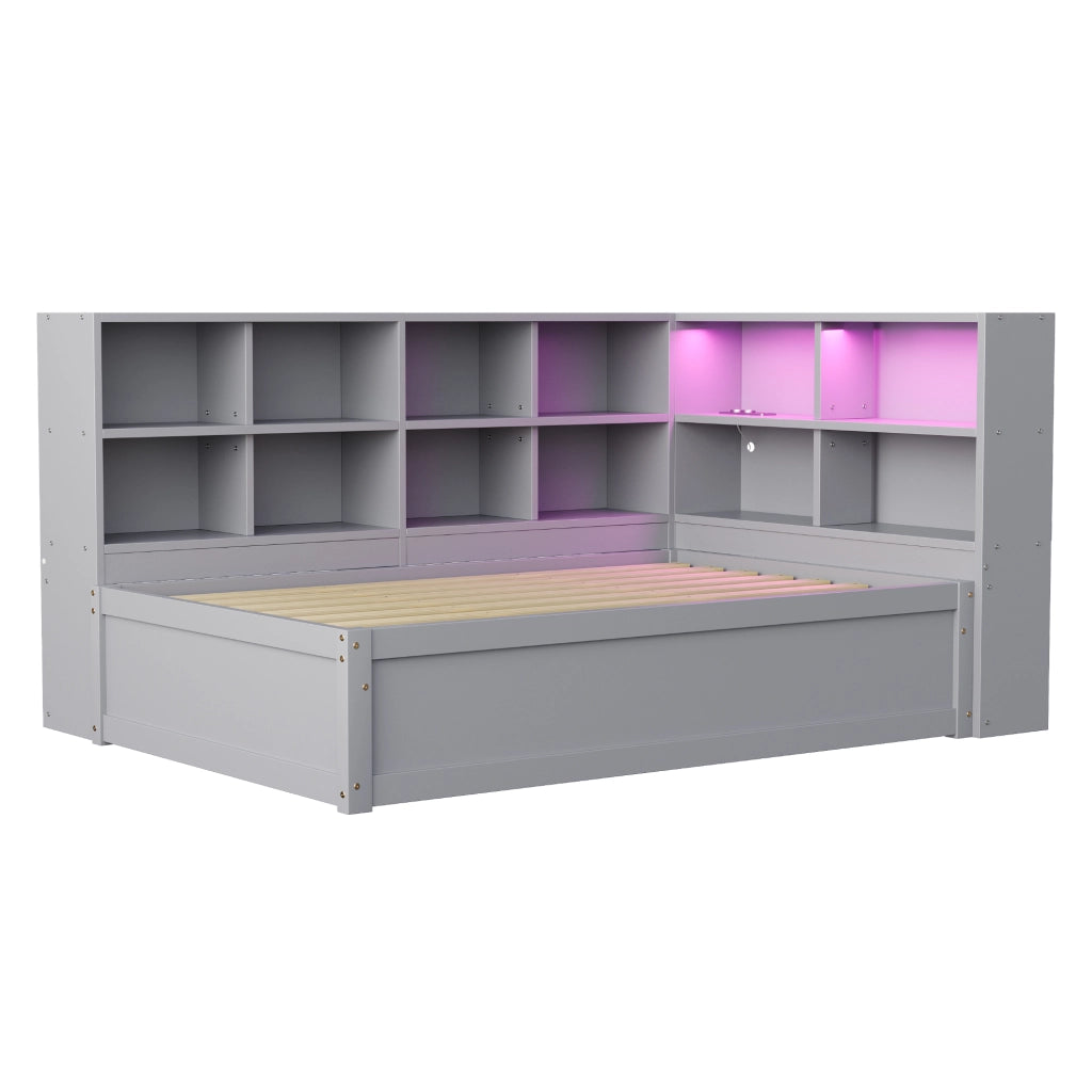 OKWISH Letto Divano 90×200 cm, Letto Singolo con Contenitore, Prese USB, LED e Vani, senza Materasso, in Legno, Grigio