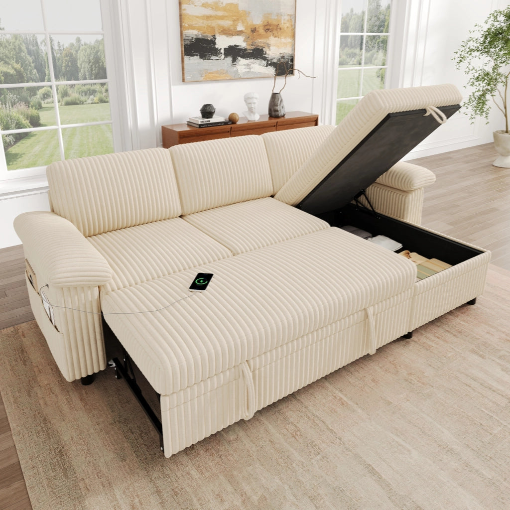 Divano angolare a L con letto estraibile e chaise longue reversibile; beige