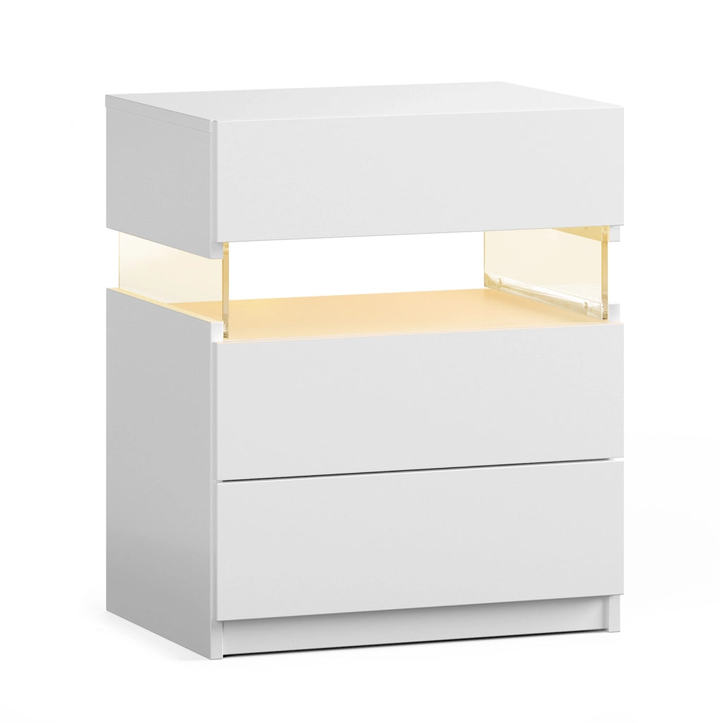 Comodino LED RGB bianco con 3 cassetti e pannello acrilico in legno ingegnerizzato