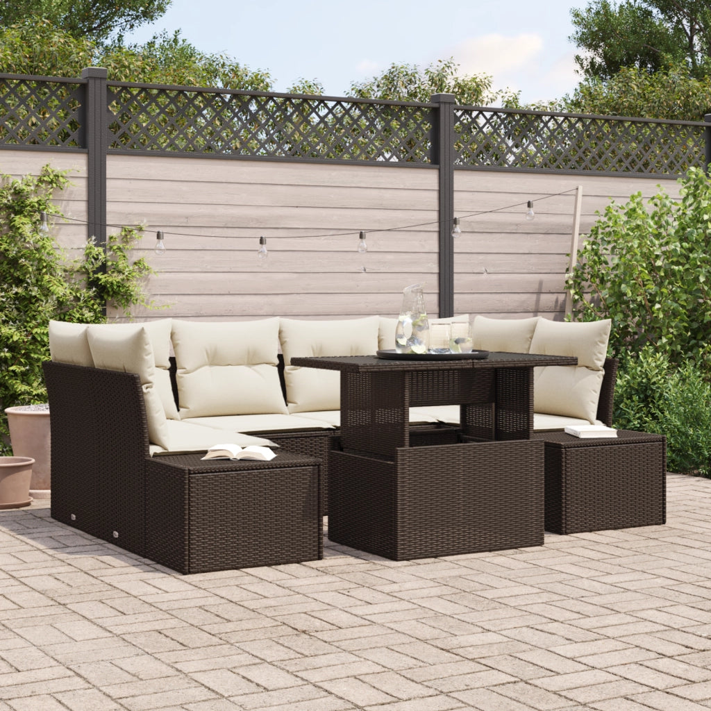 Set Divano da Giardino 7 Pezzi con Cuscini Marrone in Polyrattan