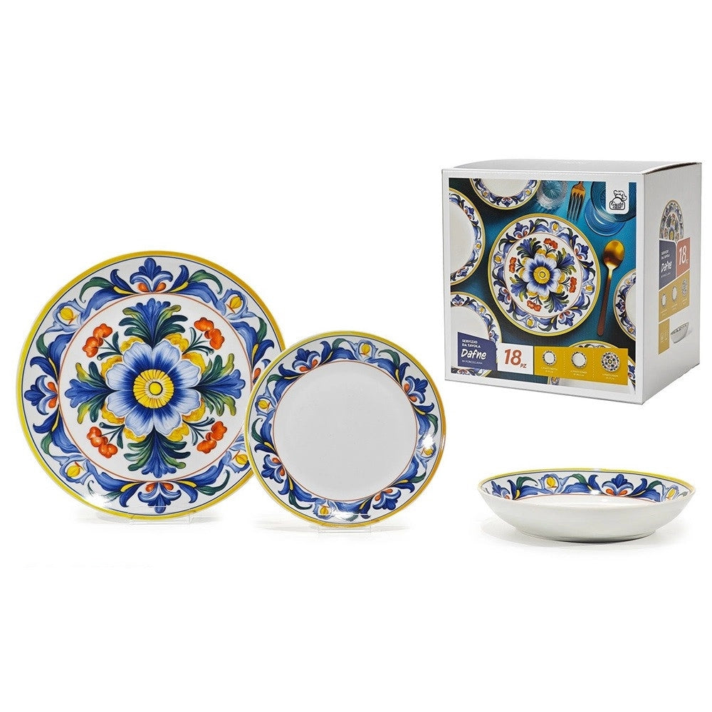 Trade Shop - Set Servizio Di Piatti In Porcellana 18 Pz Decorazione A Fiore Classica Maiolica Da Tavola -