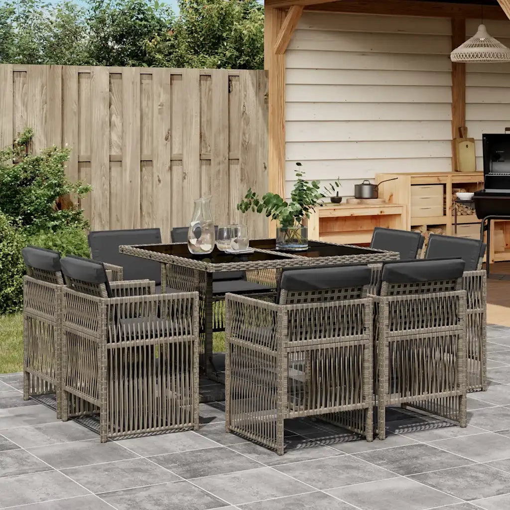 Set da Pranzo da Giardino 9 pz con Cuscini in Polyrattan Grigio