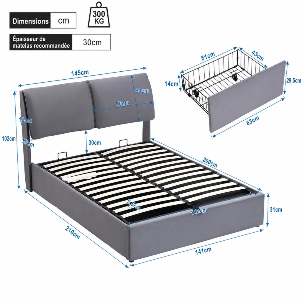 DESMIU Letto contenitore 140 × 200 cm 2 posti con 3 cassetti e vano contenitore, senza materasso, in velluto, grigio