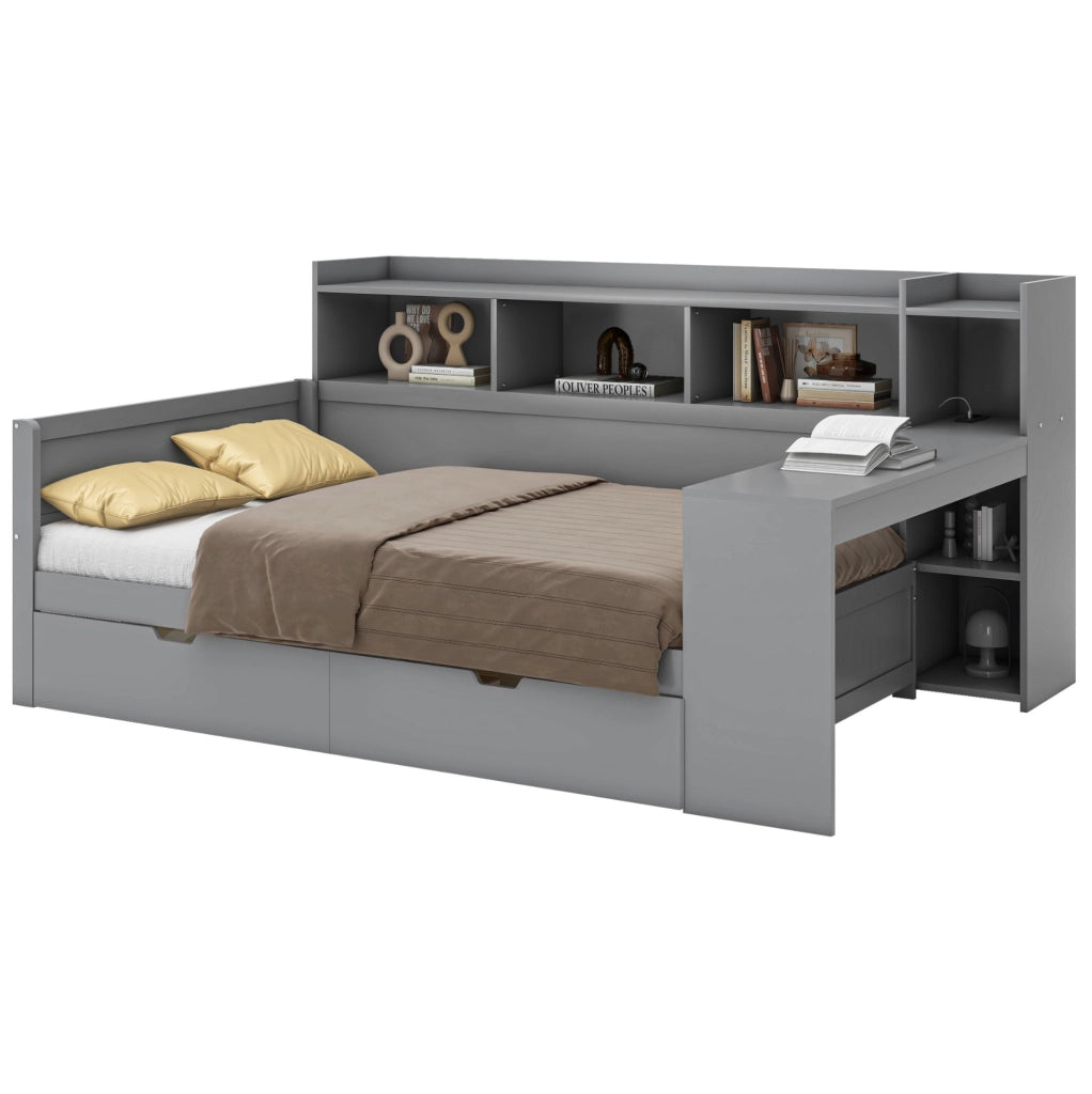 Letto singolo 90x200 cm con scrivania, USB e 2 cassetti grigio
