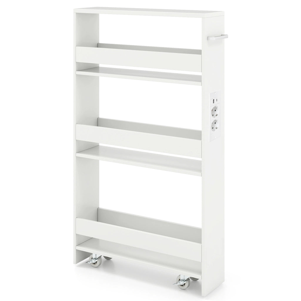 Carrello da cucina 4 ripiani con stazione di ricarica maniglia e parapetti, Carrello stretto a sfilo con ruote bloccabili per cucina lavanderia Bianco