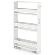 Carrello da cucina 4 ripiani con stazione di ricarica maniglia e parapetti, Carrello stretto a sfilo con ruote bloccabili per cucina lavanderia Bianco