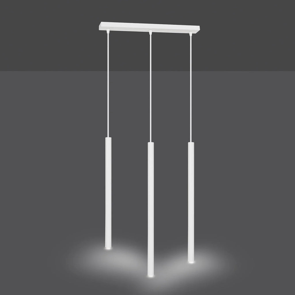 Lampadario 3 Luci Moderno Shu Acciaio Bianco E Paralumi A Cilindri Sottili