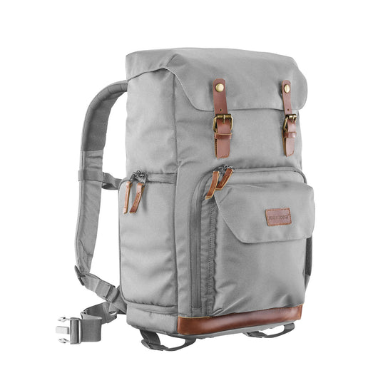 Mantona Luis Retro Zaino fotografico grigio, per fotocamera con copertura antipioggia, borsa fotografica con scomparto per laptop, DSLR, 3 obiettivi e accessori fotografici