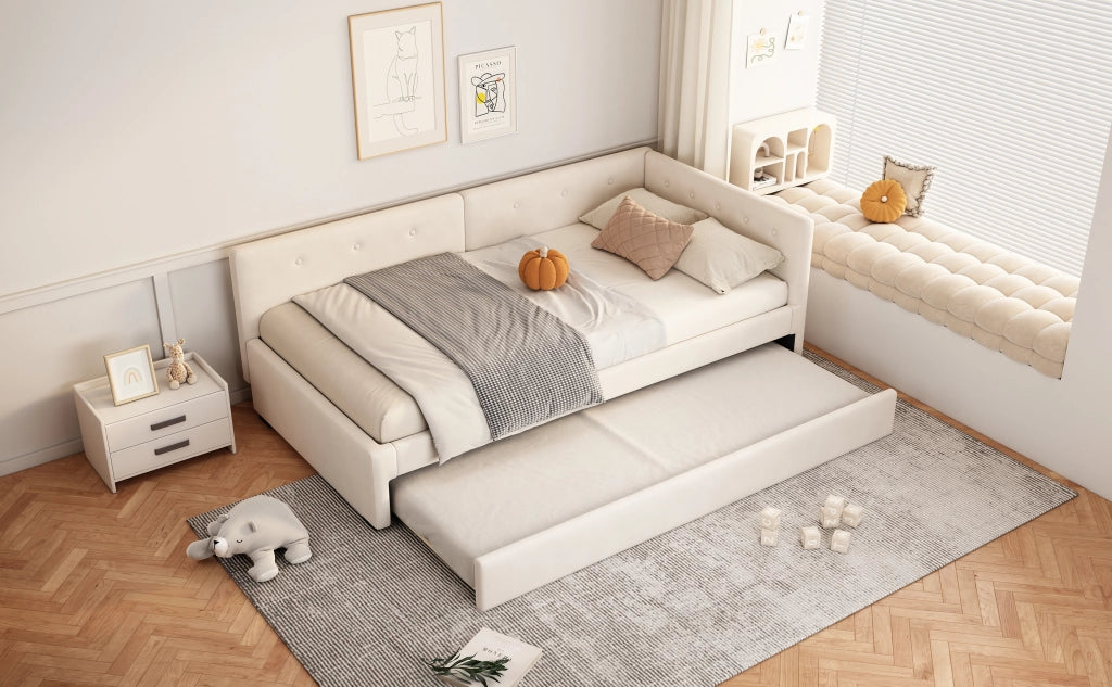 DESMIU Divano letto 90 × 200 cm 1 posto con letto estraibile, senza materasso, in velluto e MDF, beige