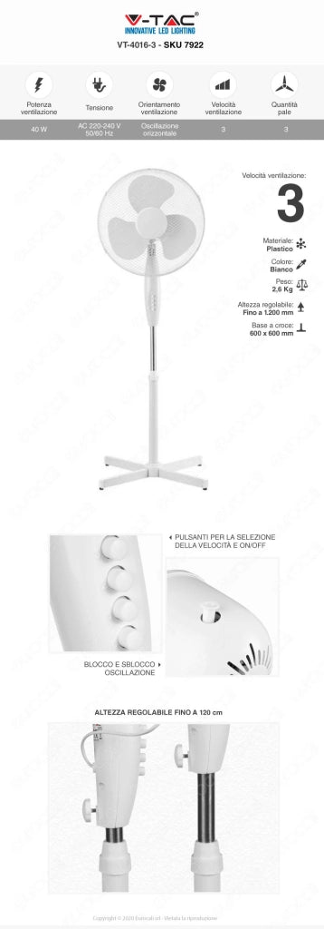 V-TAC VT-4016-3 VENTILATORE A PIANTANA 40W 3 PALE IN PLASTICA COLORE BIANCO ALTEZZA 1200MM - SKU 7922 - V-TAC