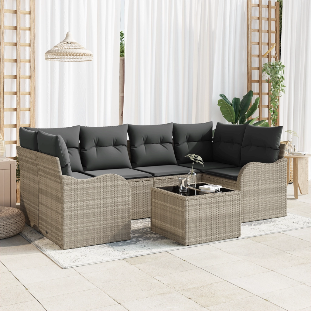 Set Divano da Giardino a 7 Pezzi con Cuscini Grigio Chiaro Polirattan